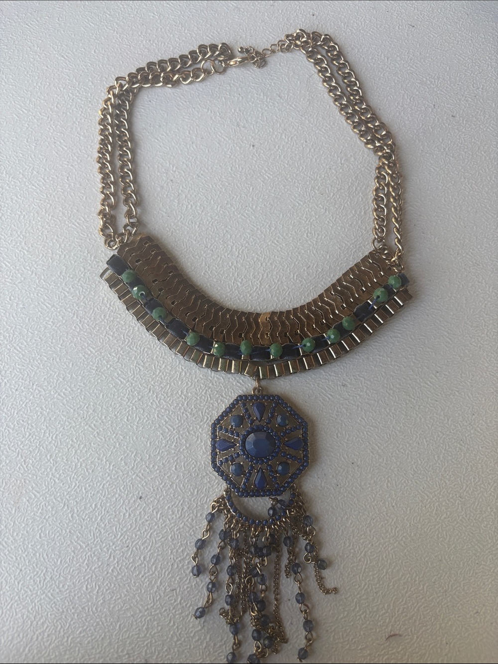 Gold Tone Statement Necklace with Blue and Green Accents